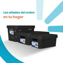 Caja organizadora Paris tapa plástico almacenamiento 11L caja multiusos hogar cocina baño oficina ropa juguetes práctica resistente transparente organizador versátil - Negro - Ver 5