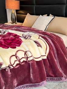 1pc Christmas Floral Pattern Blanket, Soft Double-Layer Raschel Throw Blanket, Long Plush Warm & Cozy For Bedroom, Living Room, Travel