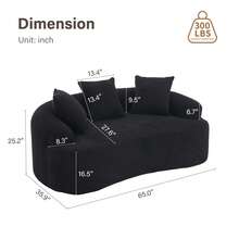 65'' Modern Loveseat Sectional Sofa Couch, Luxury Plush Chenille Upholstered Cloud Couch With Extra Deep Seat And Curved Armless Floor Design, Comfortable Small Space Sofa With 3 Throw Pillows, Medium Firm Cushion Memory Foam Couch, Soft Boneless Sofa For Living Room Furniture, Apartment Couch For Bedroom Office Home Decor, No Assembly Needed - 黑色 - 查看 2