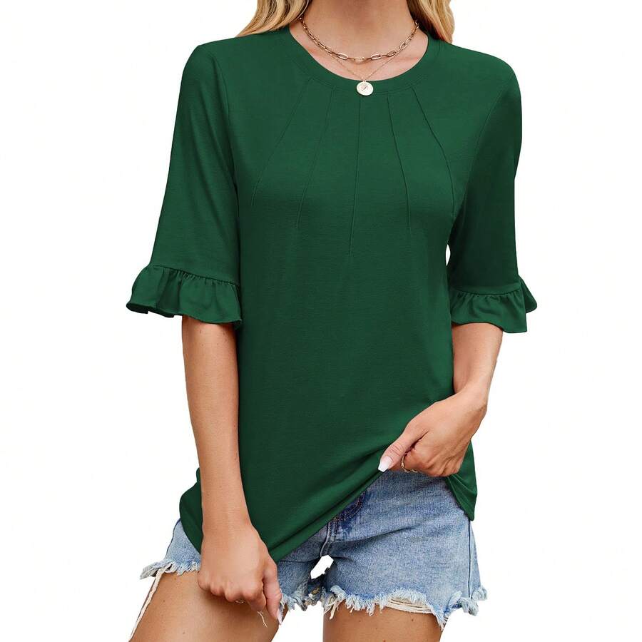 YESFASHION Womens 3/4 Length Sleeve Tops Loose Fit Casual Crew Neck Pleated Shirts Ruffle Tunic Blouses Dark Green - 墨綠色 - 查看 1
