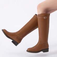 Athlefit Women's Knee High Riding Boots Round Toe Low Heel Tall Boots Pull On Long Booties With Buckle - Nâu nhạt - Xem 5