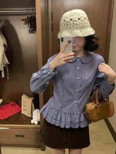Cute Peter Pan Collar Fitted Waist Long Sleeve Ruffle Front Button Plaid Blouse For Women
