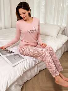 Mirano Slogan Print Short Sleeve Top & Cherry Pattern Long Pants Pajama Set - Pink - View 4