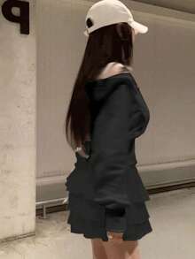 休闲百搭大翻领双拉链短款连帽夹克 春季黑色 - 黑色 - 查看 4