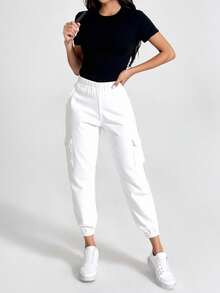 Quần túi hộp cạp chun cho nữ, màu trơn, thanh lịch, giản dị, dễ thương, có khóa kéo và nút - trắng - Xem 4