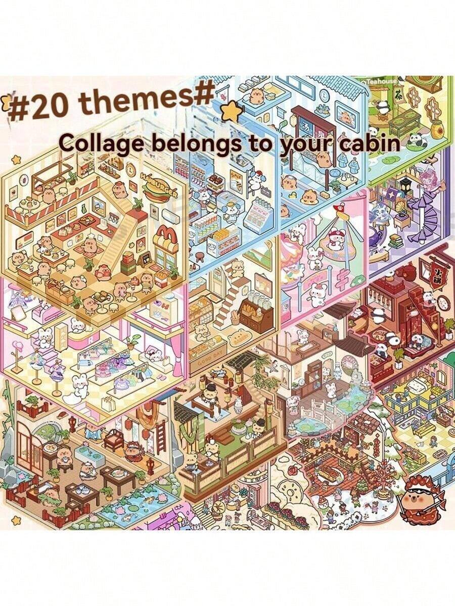 1set/20pcs Landscape Sticker Book, 20 Large Scene Collection, 3D Miniature House Stickers, Student Stress Relief Handmade DIY Micro Landscape Stickers, Family Game Collage Stickers, Suitable For Family Gatherings, Small Gifts, Campus Scene Building Stickers - Multicolor - View 1