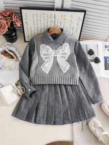 3 件套 Tween 女童蝴蝶结贴花纹理毛衣背心、长袖衬衫和百褶裙套装，秋季 - 灰色 - 查看 2