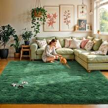 Large Shaggy Carpet For Living Room And Bedroom - Washable, Fluffy Carpet With 4.3 Cm High Pile, Plush, Aesthetic Throw Rug, Non-Slip Rubber Backing With 4 Anti-Slip Pads, Durable Edge Stitching - Cozy, Minimalist Decor - Great Gift For Halloween And Christmas, Perfect For Playrooms And Parties - Weight 700 G+/M² - 墨綠色 - 查看 6