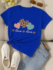 Camiseta Casual de Manga Corta para Mujer - Estampado de Leopardo y Cerezas, Negra con Detalles Dorados Brillantes, Elasticidad Media, Lavable en Máquina, Comodidad Todo el Año - Azul - Ver 1