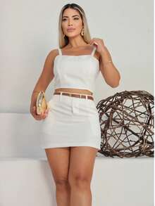 Women's Casual Skirt With Tailored Belt - 白色 - 查看 3