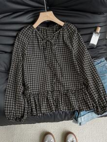 秋冬新款复古格子荷叶边拼接系带长袖女式衬衫，宽松修身套头衫，适合冬季圣诞节新年穿着 - 咖黑色 - 查看 9