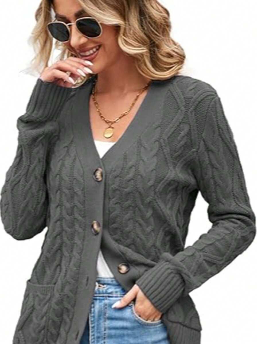 Women's Long Sleeve Loose Knit Cable Open Front Button Down Cardigan Sweater Outerwear Coat With Pockets - 深灰色 - 查看 1