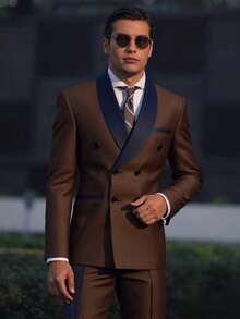 Men's 2-Piece Suit Set, Double-Breasted Fitted Sport Jacket And Trousers, Perlis Pattern Suit - Wedding Tailcoat, Business Suit - 咖啡棕 - 查看 1