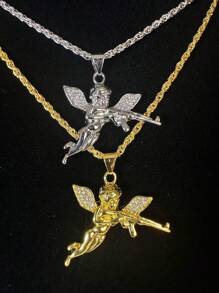 1pc Unique Fashion Simple Hiphop Punk Angel Gun Revenge Angel Chain Necklace For Men & Couples, Suitable As Jewelry Gift And For Parties