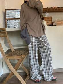 Quần ống đứng dáng rộng thắt dây kiểu Hàn Quốc tối giản kẻ caro, mùa xuân - Xám - Xem 4
