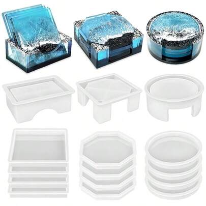 5pcs Silicone Coaster Resin Mold Set, 3 Styles - Round, Square, Octagon Holder Molds, Suitable For Epoxy Resin, DIY Arts & Crafts Coasters