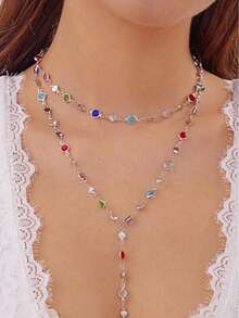 قلادة معدنية على شكل حرف Y مزينة بالزركونيا بلون عشوائي، مناسبة للسفر والمواعيد والحفلات