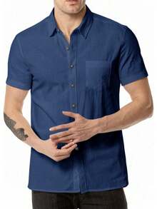 Mens Short Sleeve Cuban Camp Guayabera Shirt Linen Cotton Hippie Beach Button Down Shirts Plus Size - 藏蓝色 - 查看 2