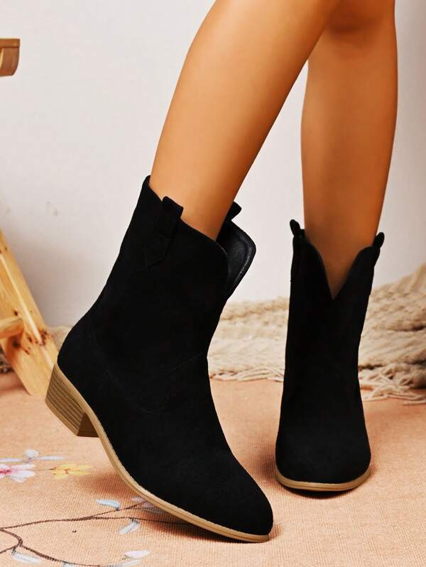Women's Pointed Toe Comfortable Versatile Low Heel Outdoor Boots, Black Color, Anti-Slip Boots