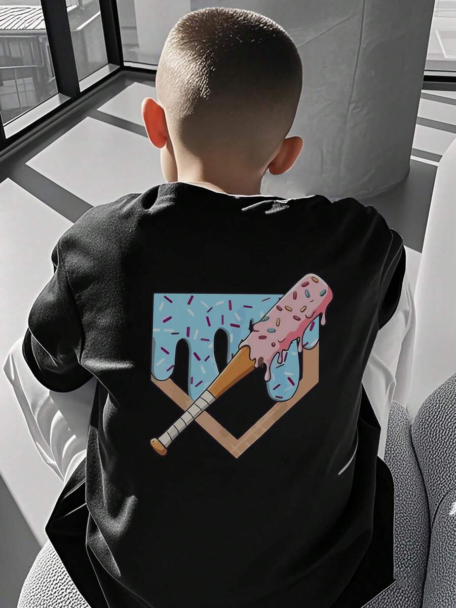 青少年男童学生休闲印花圆领短袖T恤，夏季上衣 - 黑色 - 查看 1