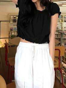 2025春夏女装纹理设计短袖衬衫 - 黑色 - 查看 3