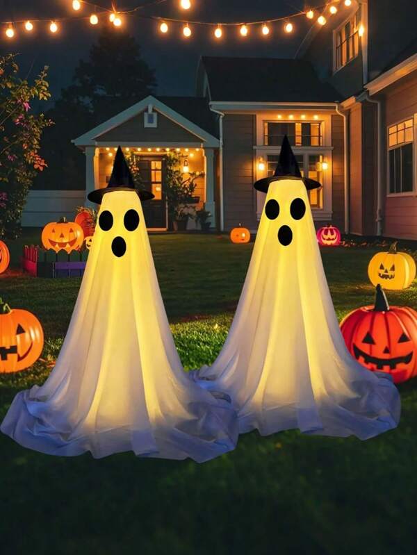 2 Confezioni di Decorazioni di Ognissanti per Esterni, Decorazioni di Ognissanti Carine per Interni, Decorazioni di Ognissanti Spaventose con Fantasmi e Cappelli da Strega, Decorazioni di Fantasmi Spaventosi con Luci LED per Portico, Giardino e Casa