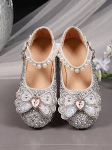 1 双加大码 2025 新款时尚百搭粉色女孩珍珠和水钻蝴蝶结装饰可爱平底鞋，圆头，适合日常穿着、跳舞、春秋季户外穿着，闪光装饰包头公主芭蕾平底鞋，尺码偏小半码