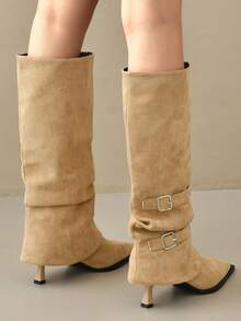 Vintage Pointed Toe Stacked Heel Boots For Women, 2025 Spring Autumn New Arrival, British Style Over-The-Knee High Shaft Wrinkle Cowboy Riding Boots - Khaki - View 3