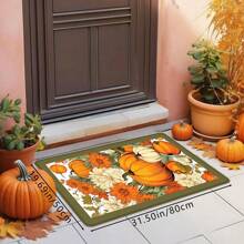 1pc Thanksgiving Rustic Pumpkin & Floral Print Holiday Doormat, Soft Non-Slip Absorbent Machine Washable Kitchen Mat, Festive Cozy Entryway Rug, Rectangular Low Pile Holiday Home Decor Mat For Living Room, Bedroom, Kitchen, Laundry Room, Bathroom