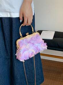 2025 New Floral Chain Clutch Bag, Fashion Elegant Lady Handbag, Shoulder Crossbody Bag, Solid Color Zipper Chain Tote Bag [Floral Pattern Placement Random] - Purple - View 4