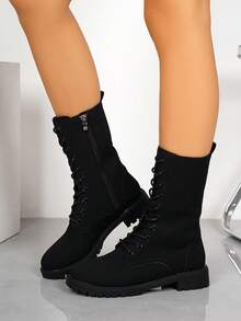 Botas de mujer de moda versátiles con cordones, hasta el tobillo/media pantorrilla/motocicleta, botas de tobillo, botas altas antideslizantes, botas casuales y cómodas con cremallera lateral para montar al aire libre, botas negras, botas de otoño/invierno, botas para exteriores, botas por encima de la rodilla - Negro - Ver 2