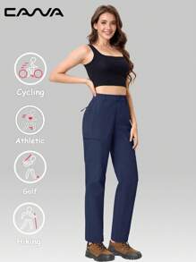 Cavva 女式防水徒步裤，速干，轻便舒适，弹力中腰，弹性侧边，5 个安全口袋，大腿拉链，直筒裤，高尔夫露营旅行 - 藏蓝色 - 查看 4
