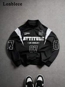 Lonblece 男士半拉链/四分之一拉链卫衣，黑白拼接赛车号码图案印花，休闲四分之一拉链套头衫，秋季款，长袖上衣