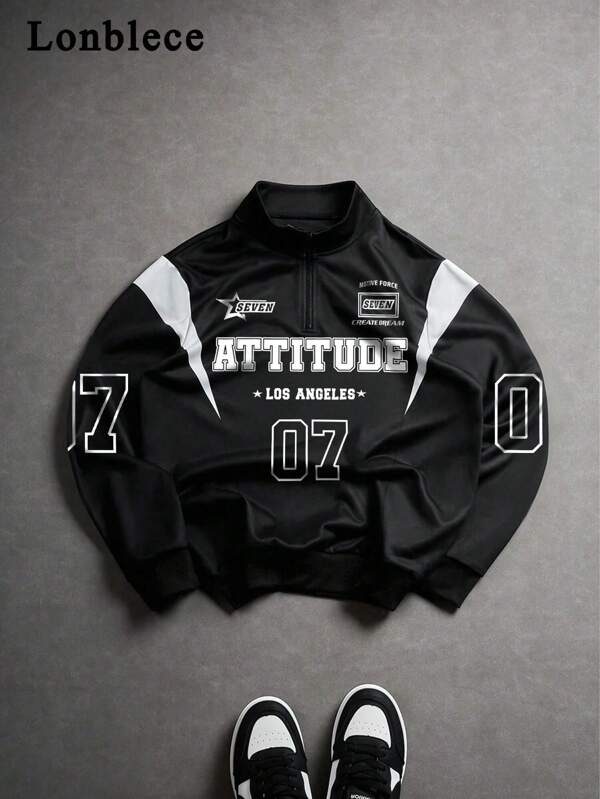 Lonblece 1 pieza Sudadera con media cremallera para hombre, estampado gráfico de número de carrera en patchwork negro y blanco, sudadera casual, otoño