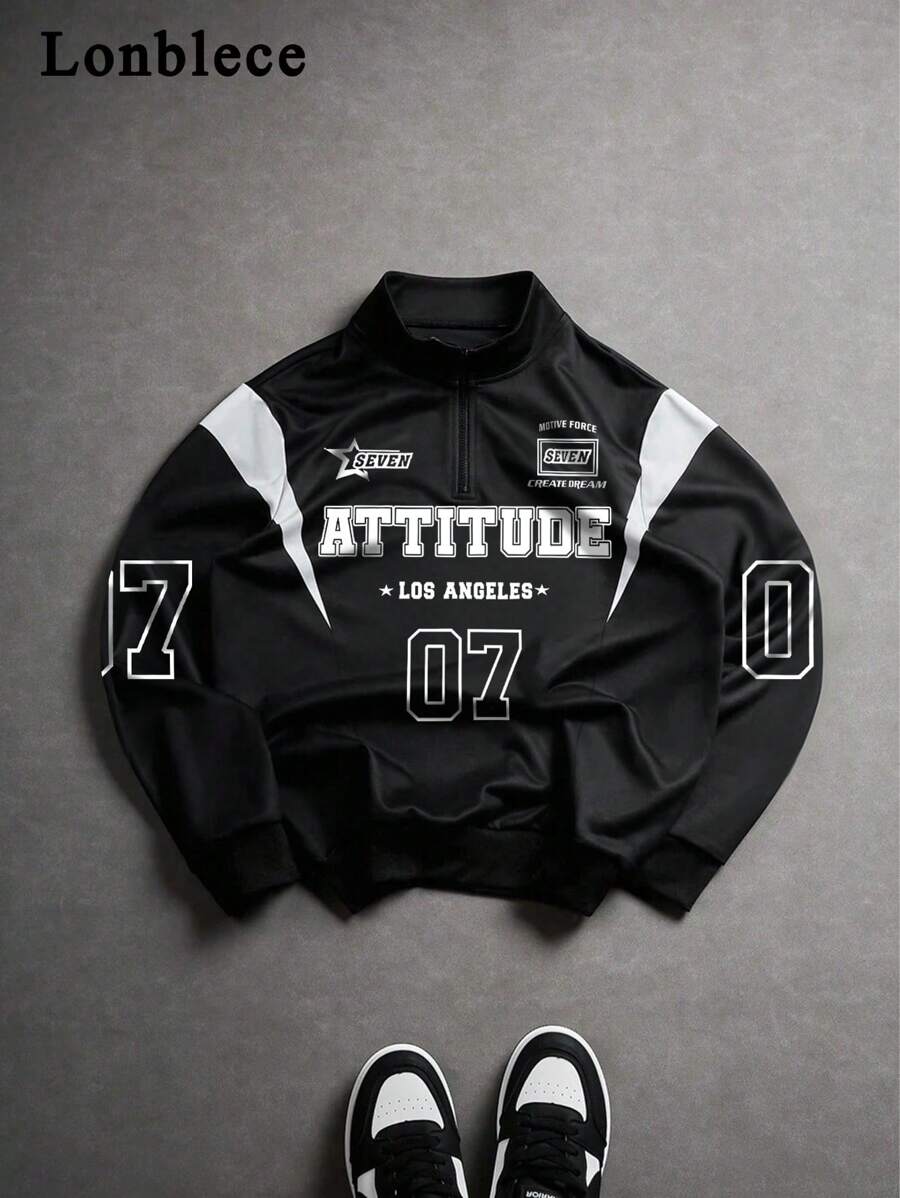 Lonblece 男士半拉链/四分之一拉链卫衣，黑白拼接赛车号码图案印花，休闲四分之一拉链套头衫，秋季款，长袖上衣