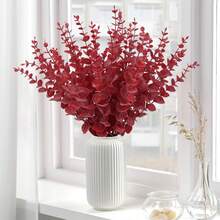 1/6/12/21/30/50/100pcs Artificial Eucalyptus Branches, Eucalyptus Decor, Fake Green Twigs, Green Decor, Bulk Artificial Flowers, Suitable For Home And Office, Artificial Flower Bouquet Centerpiece, Wedding Decor, Home Decor, Christmas Decor, Room Decor - Wine Red-long - View 1