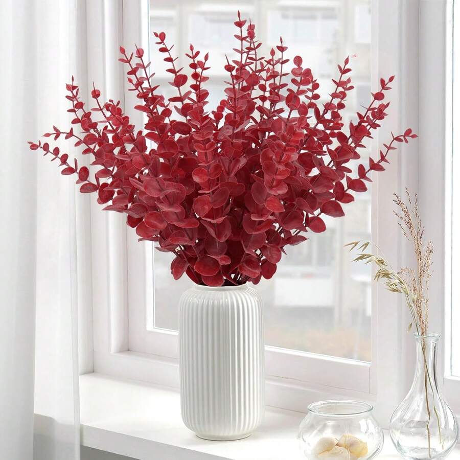 1/6/12/21/30/50/100pcs Artificial Eucalyptus Branches, Eucalyptus Decor, Fake Green Twigs, Green Decor, Bulk Artificial Flowers, Suitable For Home And Office, Artificial Flower Bouquet Centerpiece, Wedding Decor, Home Decor, Christmas Decor, Room Decor - Wine Red-long - View 1