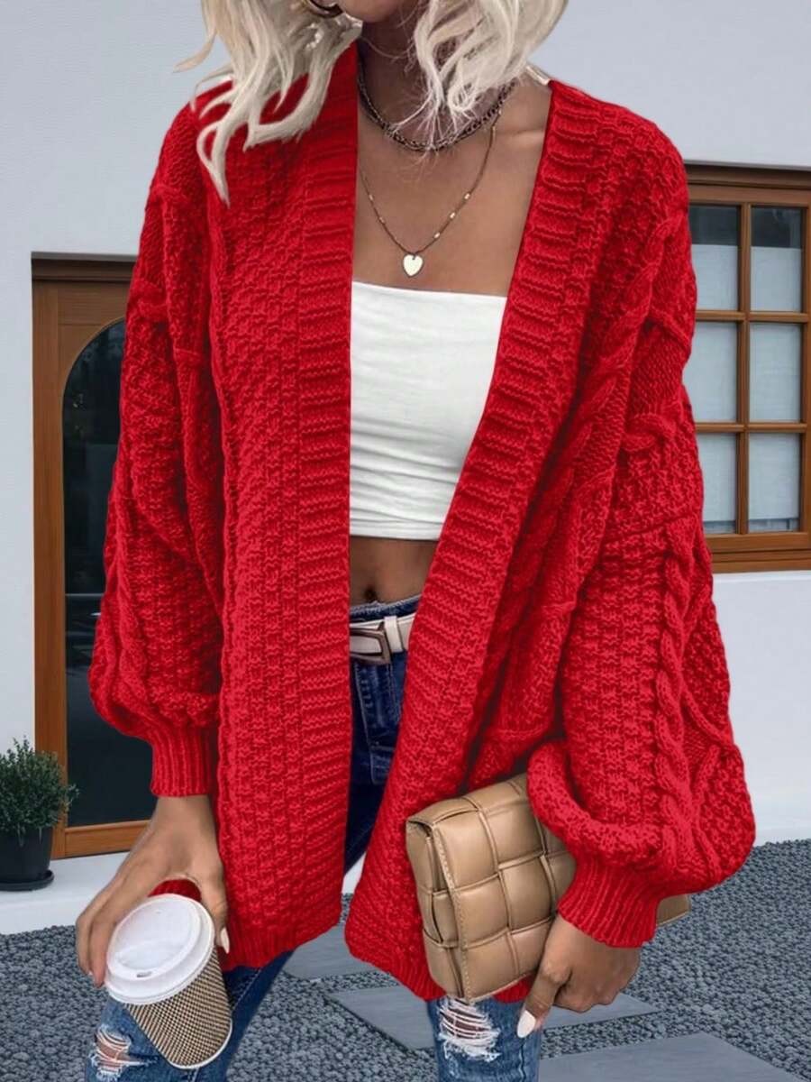 Womens Oversized Open Front Cardigan Sweaters Cable Knit Lantern Sleeve Chunky Knit Coats - Đỏ - Xem 1