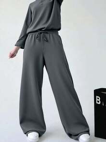 dos piezas  Conjunto informal  con capucha: camiseta de manga larga y pantalón con cremallera, ropa acogedora para otoño/invierno para mujer, (Sudadera con capucha y cordón y pantalones de chándal) - Gris Oscuro - Ver 2