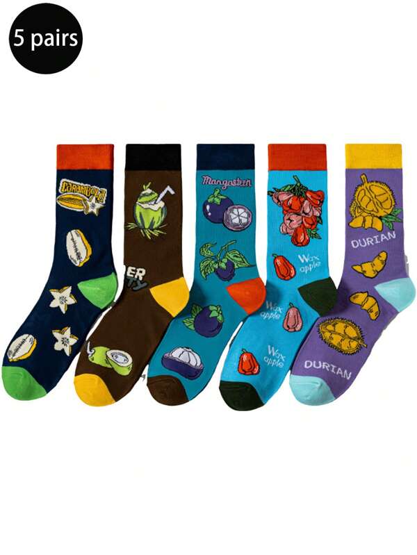 5 Pairs Blueberry, Chili Pepper, Football Themed Socks For Men, Vegetable & Fruit Pattern Socks, All Season
