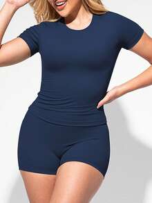 Two Piece Set Of Women's Solid Color Round Neck T-Shirt+High Waisted Cycling Shorts Sports Suit, Lapel Short Sleeved T-Shirt+Tight Shorts, Gym Clothing, Women's Sportswear, Indoor And Outdoor Casual Sportswear, Fitness Clothing, Workspace Clothing, Sportswear - 藏蓝色 - 查看 3