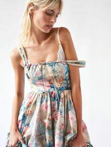 Women Slip Dress Sleeveless Floral Pleated Swing Dress Summer Long Vacation Dress - Blue - View 2