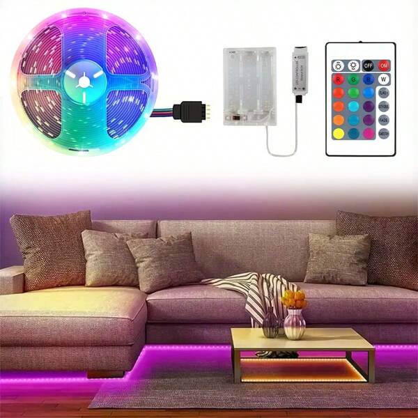 Tira de luces LED RGB 3535 con controlador de 24 teclas, brillo ajustable y modos de cambio de color - Alimentado por batería (baterías no incluidas), excelente para decoración de dormitorio, camping, decoración del hogar, actividades al aire libre