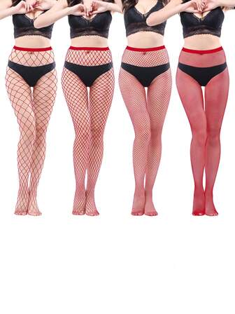 4pcs Durable Sexy Pantyhose, Fishnet Hollow Out Tights