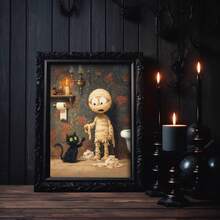 1PC Halloween Cat And Mummy Print, Funny Bathroom Decoration, Scary Halloween Decoration, Cat Lover Halloween Gift, Cat Litter Box Humor, Canvas Wall Art, Posters For Room, Home Decoration, Room Decoration Aesthetic, Room Decoration Stuff. Optional Frame