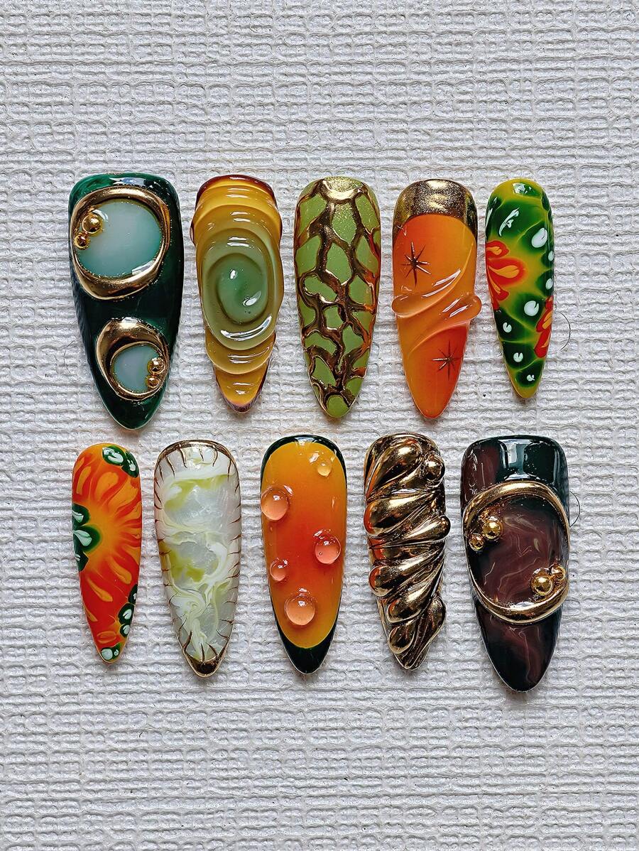 10pcs Almond-Shaped Gothic Vampire Style Nail Stickers - Green To Orange Ombre French Manicure, Gold Flowing Design, 3D Water Drop Faux Pearls Reusable Halloween Fake Nails Set With Nail Glue And File, Suitable For Fair Skin Tones - Multicolor - View 1
