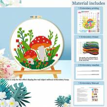 طقم بداية التطريز بالغرز المتقاطعة 11 قطعة، مستلزمات التطريز DIY، 4 أنماط من أنماط فطر الغابة، تشمل الأدوات