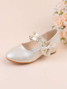 女童时尚白色香槟色蝴蝶结装饰优雅高跟礼服鞋，适合正式场合、派对、婚礼、演出、舞蹈等，适合幼儿、小女孩和大女孩。