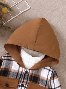 BrownBark 2pcs/Set Baby Boy Casual Outdoor Suit, Baby Boy Casual Plaid Pocket Hooded Long Sleeve Shirt + Relaxed Pants 2-Piece Set, Spring Autumn Children Clothing, Infant Outfit - Brown - View 4