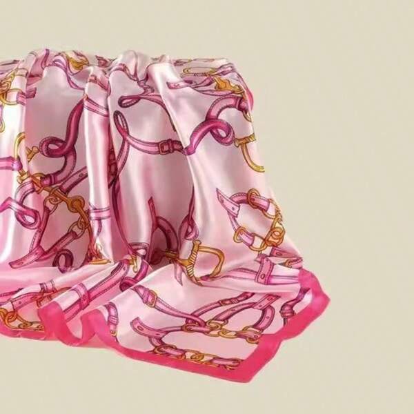 1pc 85cm Geometric Print Silk-Like Scarf, Chain Decor Headscarf Shawl Wrap, Versatile For Women